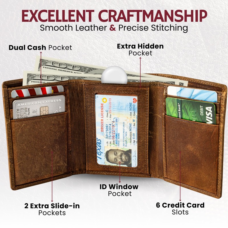 BULL GUARD Best Leather Men's RFID Trifold Wallet With ID