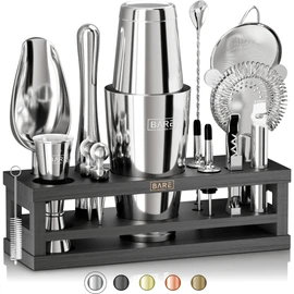 BARE BARREL® Mixology Bartender Kit Bar Set | 16-Piece Cocktail Shaker Set | Martini Barware Mixing Tools for Home Bartending | Incl. 35 Recipe Cards | Gift Set (28oz Boston Shaker, Silver/Black)