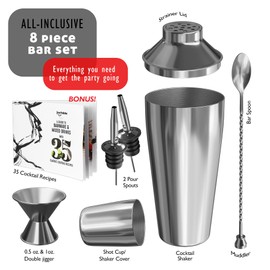 Bar Set Cocktail Shaker Set Bartender Kit, 8 Piece Silver Cocktail Set, Mixology Bartender Kit, Steel Drink Shakers Cocktail Kit, Bar Accessories: 24oz Martini Shaker, Muddler, Cocktail Book and More