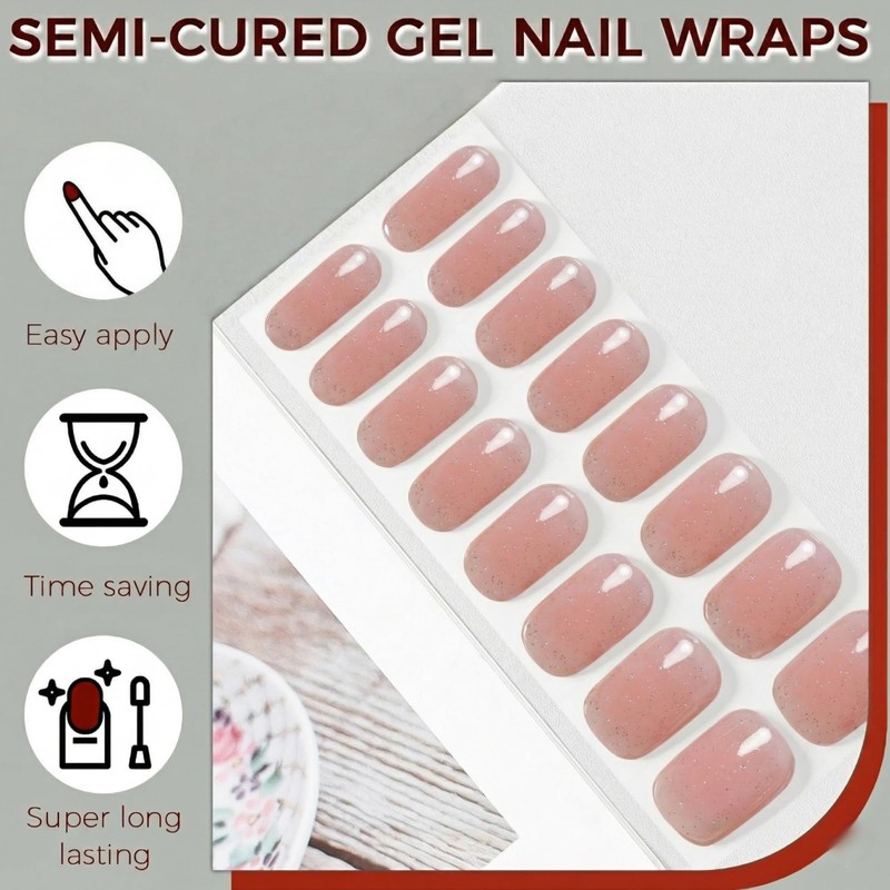 Semi Cured Gel Nail Strips, Ombre Pink Jelly Glitter Gel