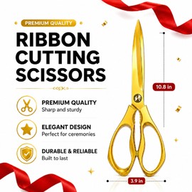 Large Ribbon Cutting Scissors Heavy Duty Gold Stainless Steel Scissors Ribbon Cutting Ceremony Kit with Scissors and a Pair of White Gloves Suitable for Ribbon-Cutting Office Home and Crafts
