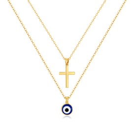 COORWEEL Cross Necklace for Women 14K Gold Plated Gold Cross and Delicate Blue Evil Eye Necklace Lucky Protection Jewelry Gift for Women