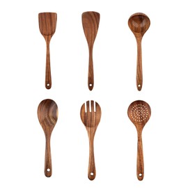 Natural Teak Wood Cooking Utensils, Wooden Spatula Set with Paddle, Turner, Slotted Spurtle & Scraper, Long Ergonomic Handle, Safe for Non-Stick Pans (6 Pack)