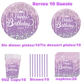 Purple Party Supplies Party Tableware Including Purple Plates, Cups, Napkins Straws Serves 10 for Purple Birthday, Baby Shower, Party Decorations