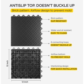 Garage Floor Tiles Interlocking Garage Flooring Tiles Pack of 48 Car Antislip Oil and Stain Resistant 40000 LBS Load Capacity 12x12 Inch Black Color