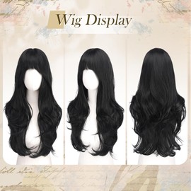 Black Wig with Bangs for Women, Long Wavy Layered Hairstyle Synthetic Heat Resistant Wigs for Daily Party Use, 26 Inch