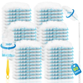 Duster Refills Compatible with Swiffer Duster, 60 Count Heavy Duty Duster Refills with 1 Short Handle + 1 Extenda Handle, Multisurface 360° Dusters with 4X Microfibers, Unscented Dusters for Cleaning