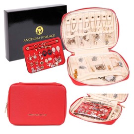 Angelina's Palace Large Jewelry Organizer Case Bridesmaid Gifts Vegan Leather Travel Jewelry Storage Bag for Necklace Earring Bracelet Ring(light red)