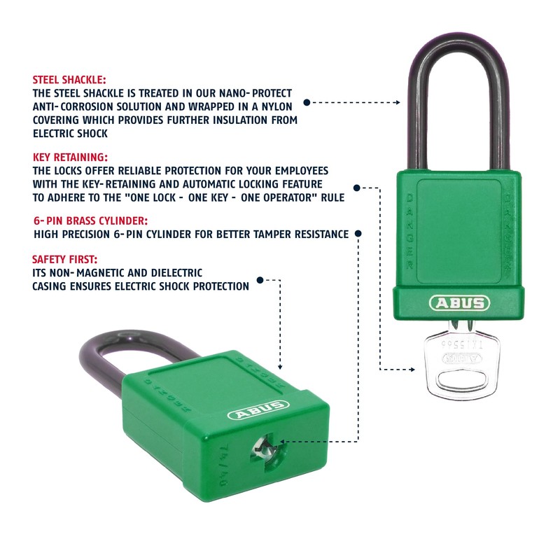 ABUS Green Pack of 10 Lockout Tagout Premium Solid Body