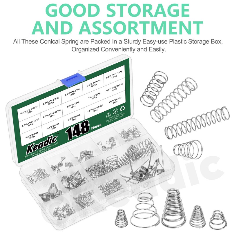Keadic 138 Pce Conical Spring Compressed Spring Assorted Set, 304