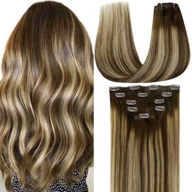 LaaVoo Real Hair Extensions Clip in Human Hair Brown Fading to Caramel Blonde Balayage Remy Clip in Hair Extensions Human Hair Full Head Set 5pcs/70g
