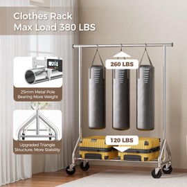 HYSEYY Clothes Rack, Rolling Clothing Rack for Hanging Clothes Load 380 LBS Portable Garment Rack with Sturdy Wheels, Metal Coat Rack Wardrobe Closet for Bedroom Laundry living Room, Silver
