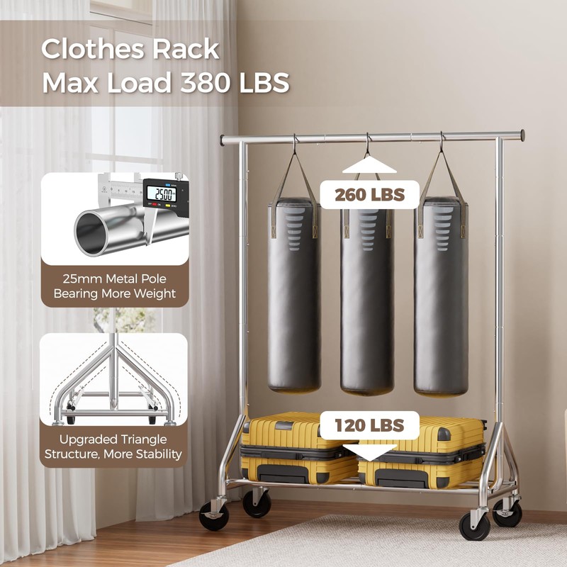 HYSEYY Clothes Rack, Rolling Clothing Rack for Hanging Clothes Load