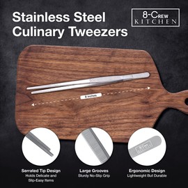 8-CREW KITCHEN Culinary Stainless Steel Tweezers, 8-inch Straight Tip Chef Precision Tongs for Plating, Decorating, Food Design, Bar and Multi-Purpose