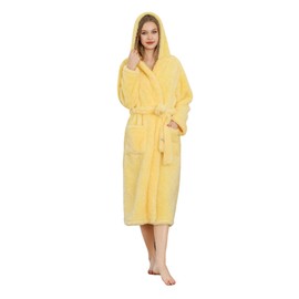 LYCY Women Hooded Fleece Robe, Soft Warm Plush Bathrobe for Women Fluffy Spa Long Robe（PALE YELLOW, S/M）