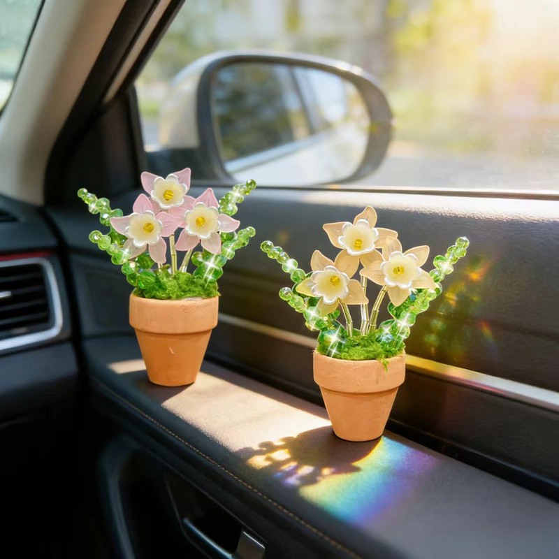 2 Pcs Cute Handcrafted Flower Car Ornament, Mini Crystal Beads