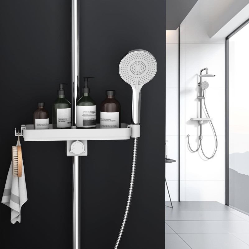 Rainsworth Shower Shelf, No Drilling, White, Tool-Free Installation, Height-Adjustable Shower