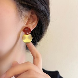Boho Two Tone Clip On Earrings for Women Unique Gold Red Vacation Non Pierced Dangle Cocktail Earrings Fashion Beach Plus Size Big Statement Jewelry (Gold)