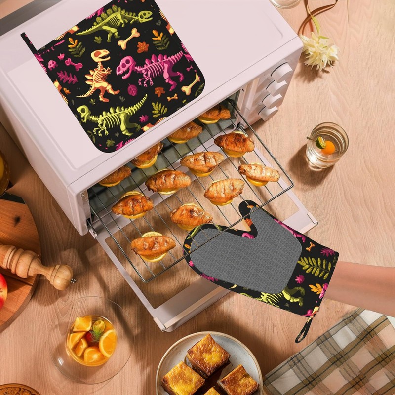 Dinosaur Skeleton Oven Mitts and Pot Holders Sets Non-Slip Silicone