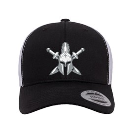 Adjustable Black/White Structured Trucker Spartan Warrior Helmet with Crossed Swords Structured Trucker Cap