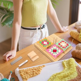 Locking Board for Granny Square, Handmade Bamboo Blocking Boards, 9.3 Inch Crochet Blocking Board, Knitting and Crochet Projects with 20 Stainless Steel Rod Pins and 5 Needles