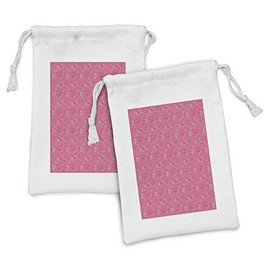 Lunarable Floral Fabric Pouch Set of 2, Pink Peony Flourish Illustration Romantic Spring Season Garden Art, Small Drawstring Bag for Toiletries Masks and Favors, 9" x 6", Pink Pale Blue