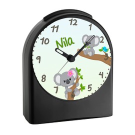 CreaDesign, WU-50-1081-01, Koala, analog Kinderwecker schwarz, Funkwecker ohne Ticken, mit Licht, personalisiert mit Namen, 9,6 x 5,5 x 11,9 cm, 104 g