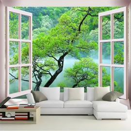 FENDROM Misty Lake Forest Tapestry Wall Hanging Nature Green Tree Landscape Window View Tapestries for Bedroom Living Room Dorm Decor