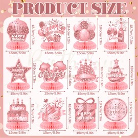 Kosiz 12 Pcs Pink Rose Gold Birthday Party Decorations Happy Birthday Honeycomb Centerpiece Cheers Pink Rose Gold Table Toppers Table Decorations for Women Party Favors Supplies