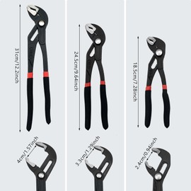 3-Piece Quick Adjust Groove Joint Pliers Set - 7in, 10in & 12in Water Pump Pliers with Grips - Fast Adjustable V-Jaw Tongue and Groove Pliers for Plumbing, DIY, and General Use (BK Hand)