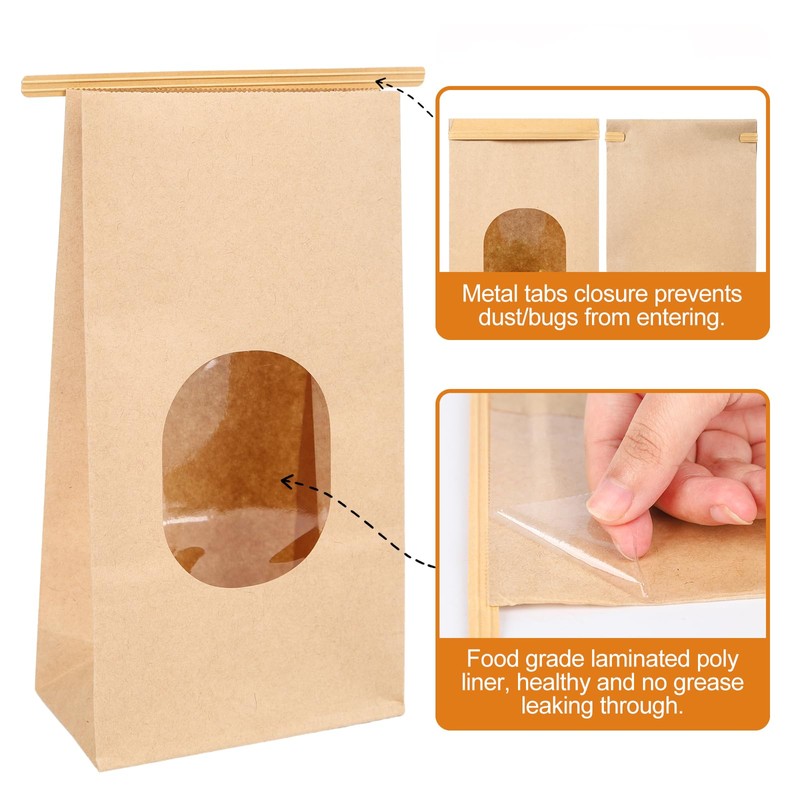 Bakery Bags with Window, 100Pcs, 5.1x2.75x9.6 in, Kraft Paper, Reusable