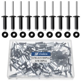 JTAREA 130pcs 3/16" x 3/4" Black Aluminum Pop Rivets with Stainless Steel Washers 4.8 x 20mm Blind Rivet Assortment Kit