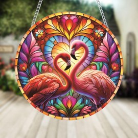 Flamingo Stained Window Hanging Ornament, Round Suncatcher Stained Acrylic Window Panel, Great Gift for Mom Grandma and Nature Lover for Birthday Mother's Day or Housewarming