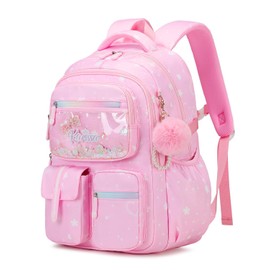 Tanou School Bag Girls 1st to 4th Grade, Ergonomic Primary School Bag for Girls with Thicker Back, Fantasy Children's Backpack with Pom Pom Pendant and Decoration, pink