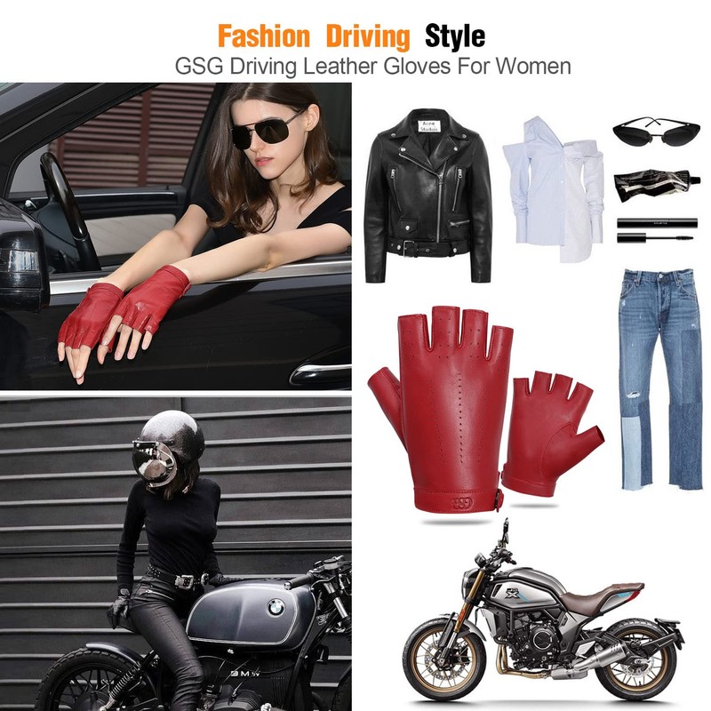 GSG Women Red Driving Gloves Fingerless Leather Gloves Unlined Half