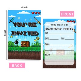 VGoghex Pixel Party Invitations for Boys Girls Kids, 20 PCS Pixel Theme Bday Party Decorations