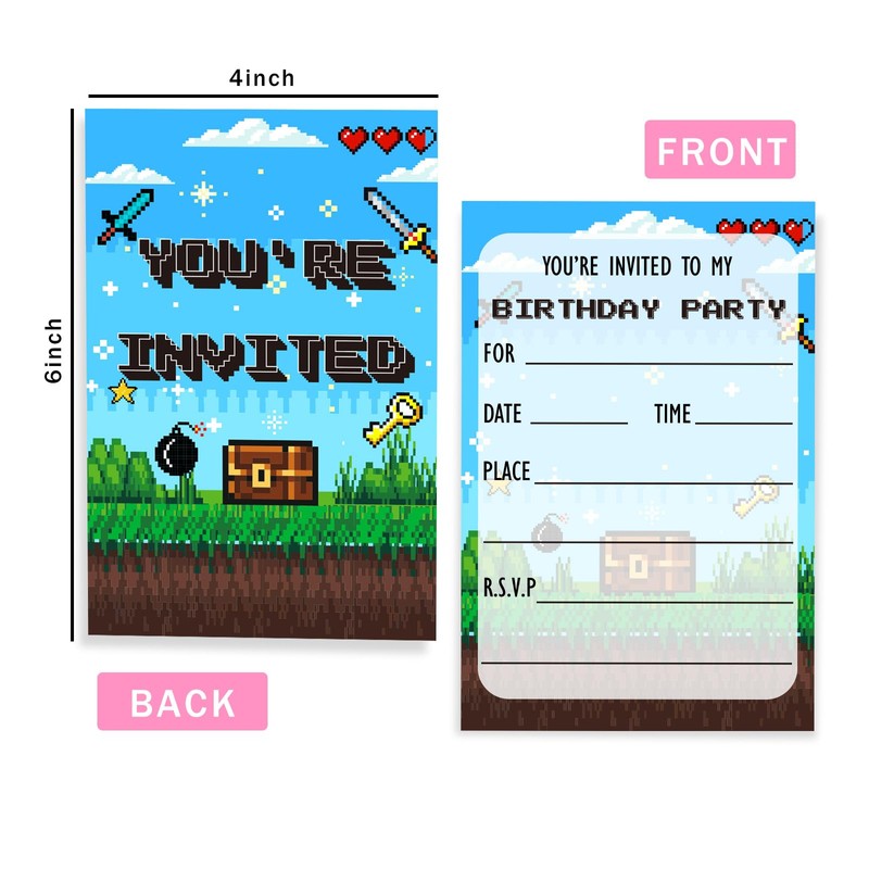 VGoghex Pixel Party Invitations for Boys Girls Kids, 20 PCS