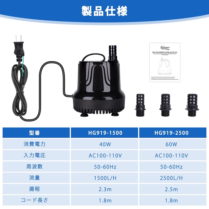 hygger 水中ポンプ 水槽 吐出量1500L/H 最大揚程2.3M 給水 水換え 底部入水式 静音設計 排水ポンプ