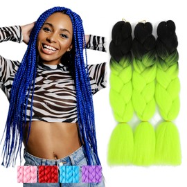 BUYOGET Jumbo Braiding Hair Extensions for Women 3 Bundles 24 Inch High Temperature Kanekalon Braiding Hair for Twist Crochet Box Braids Black+Greenish Yellow