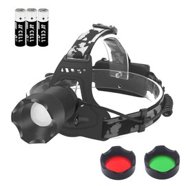 Tactical LED Headlamp Flashlight Waterproof Zoomable Headlight 3 Colors Exchange Red Green White Lens for Hunting Camping Fishing