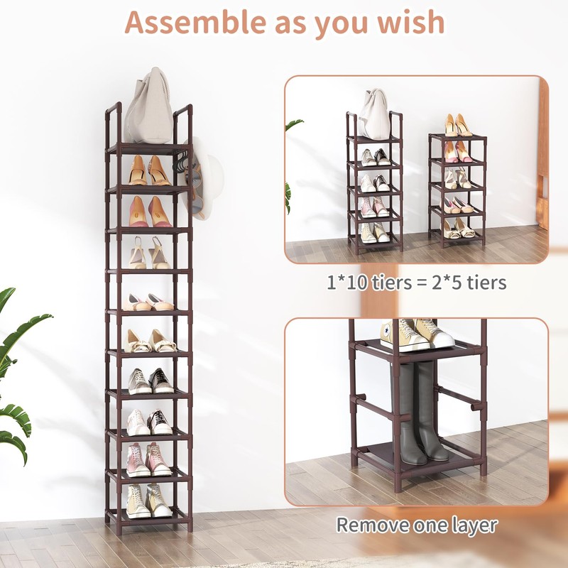 LANTEFUL Tall Shoe Rack 10-Tier Narrow Shoe Shelf Storage for
