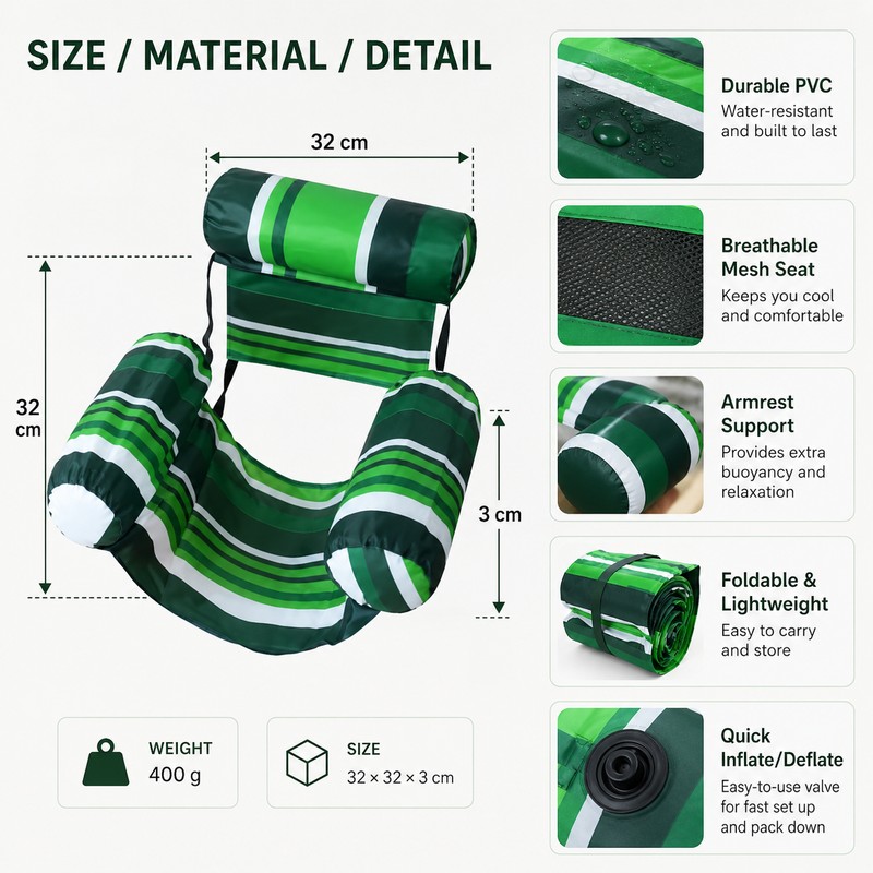 Inflatable Water Hammock with Armrests for Adults – PVC Floating