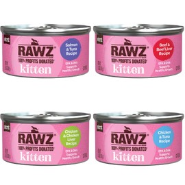 Rawz awz Natural Premium Kitten Pate Canned Cat Wet Food -12 Pack Cans Variety Flavor Pack -4 Flavors - (Salmon, Chicken, Tuna, Beef) Pets Can Lid - (2.8 oz Cans)