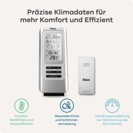 MEBUS funkgesteuerte Wetterstation mit Außensensor, Thermometer, Hygrometer, Funkuhr, Wohlfühlindikator bewertet Raumklima, Wettervorhersage, Mondkalender, Wecker, Farbe: Silber, Modell: 40627