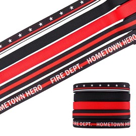 5 PCS 20 Yards 3/8" Fireman Ribbons Red Black Stripe Grosgrain Ribbons Firefighter Support Patriotic Star Fabric Ribbon for DIY Fire Department Decoration