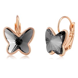 Trendy Austrian Crystal Butterfly Drop Leverback Earrings for Women 14K Rose Gold Plated Hypoallergenic Jewelry Gifts (Black)