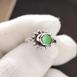 S925 Sterling Silver Natural Green Dongling Jade Stone Sun Moon Statement Ring,6mm Round Real Crystal Quartz Gemstone Bobo Bohemian Ring Jewelry for Women (A03_Dongling Jade, 10)
