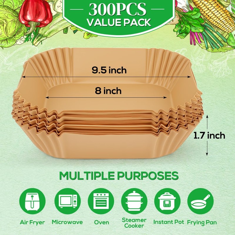 BYKITCHEN 8in Square Disposable Air Fryer Liners, 300PCS Parchment Paper