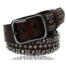 Laquest Men's Skull Studded Belt, Genuine Leather, Skull, Studs, Leather, Lock, Metal, V-Type, Punk Buckle (2. Brown)