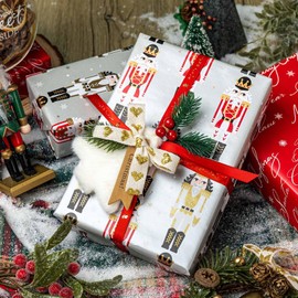 Merture Red Nutcracker Christmas Wrapping Paper Roll - 17 In X 33 Ft (46.5 sq.ft.ttl.) Classic Gift Wrap with Candycane Reversible Red Side for Christmas